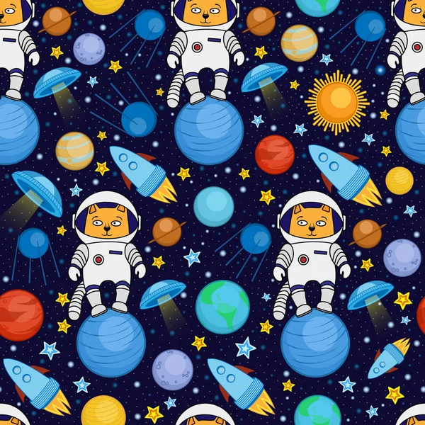 Patrón espacial de dibujos animados sin costuras - astronauta gato, nave espacial, planetas, satélites — Vector de stock