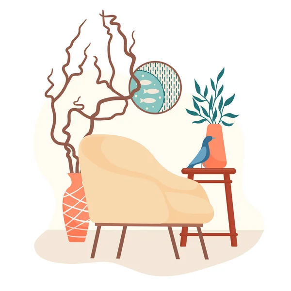 Fauteuil, table d'appoint, figurine d'oiseau et vase de sol — Image vectorielle