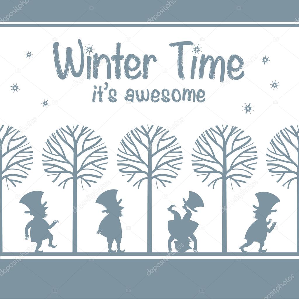 Endless background pattern with various leprechaun/gnome figures in winter garden. Vector illustration