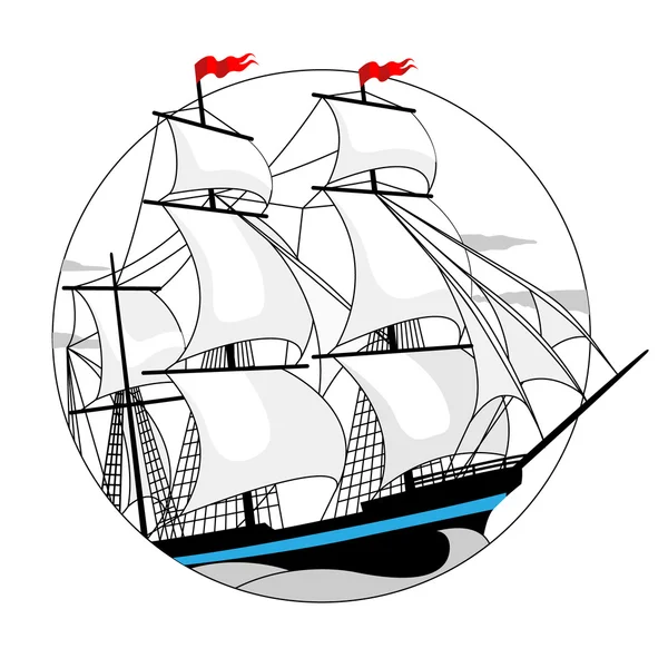 Zeilschip met witte zeilen in een cirkel — Stockvector