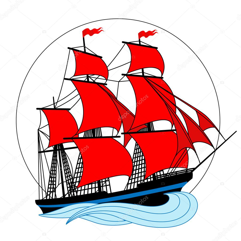 Sailing ship with red sails in a circle