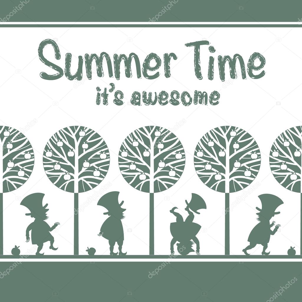 Endless background pattern with various leprechaun/gnome figures in summer garden