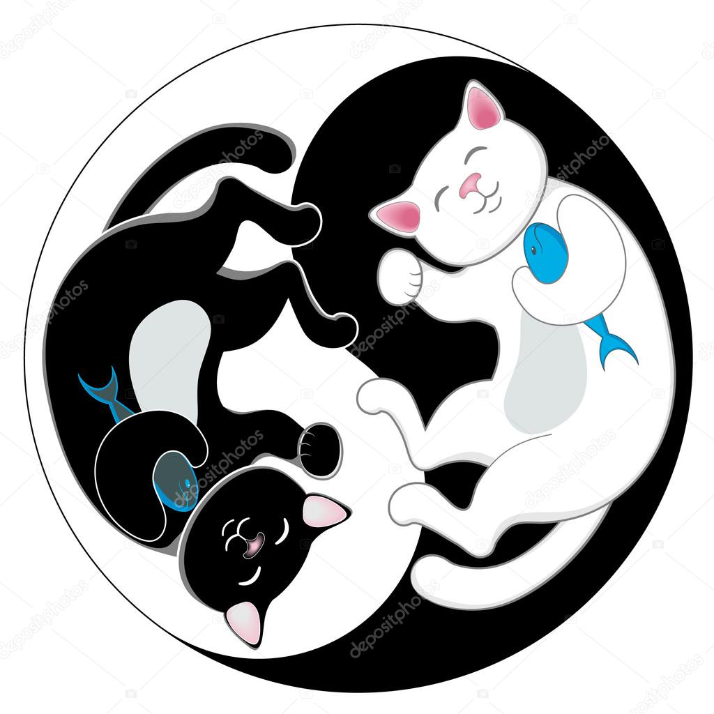 Yin yang with black and white maneki neko cats. Vector illustration