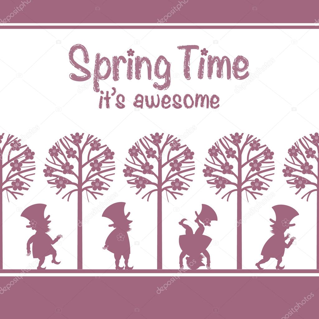Endless background pattern with various leprechaun/gnome figures in spring garden