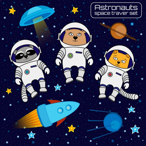 Conjunto de astronautas gato, oso y mapache cohete cosmonautas, ovni , — Vector de stock