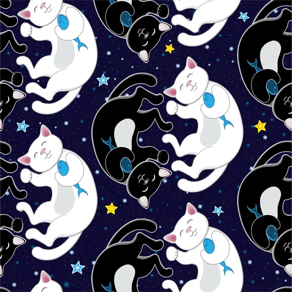 Siyah ve beyaz kedi ile sorunsuz vektör desen — Stok Vektör