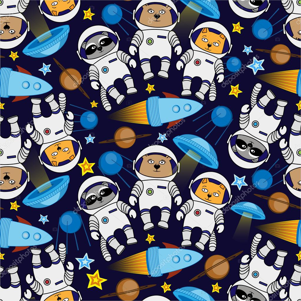 Seamless cat, bear, raccoon cosmos astronaut pattern