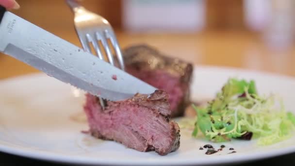 Cutting red meat on a plate close-up — Stock Video