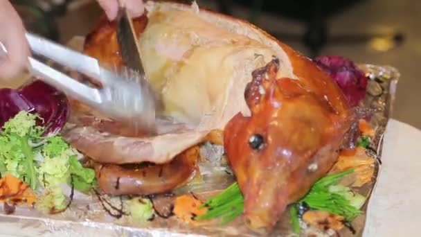 Garson çözümler Kızartma domuz yakın çekim — Stok video