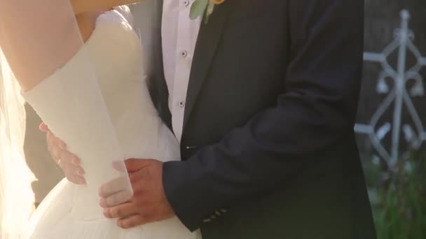 Жених держит свою невесту за талию — стоковое видео