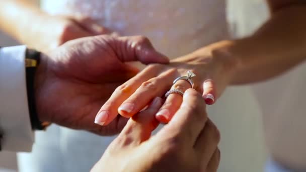 Γαμπρός φοράει μια νύφη του ένα δαχτυλίδι γάμου — Αρχείο Βίντεο