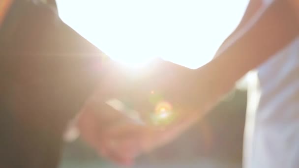 Noiva e noivo de mãos dadas ao sol — Vídeo de Stock