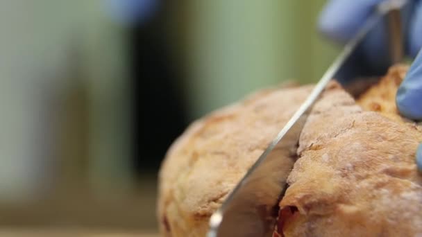 Grand gâteau aux fruits coupé avec un couteau — Video