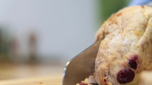 Großer Obstkuchen mit einem Messer geschnitten — Stockvideo