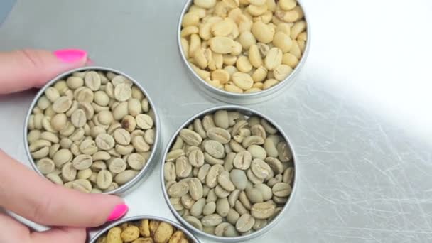Unroasted coffee beans close up — Stock Video