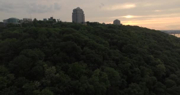 Abendlicher Stadtpark und Skyline-Luftaufnahme — Stockvideo