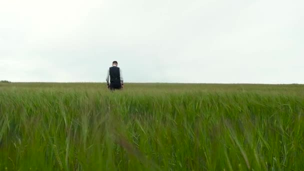 Człowiek w garniturze spaceru ghrough zielone pola — Wideo stockowe