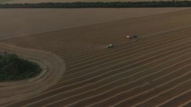 Combaines biçerdöver ve kamyona buğday alan havadan görünümü