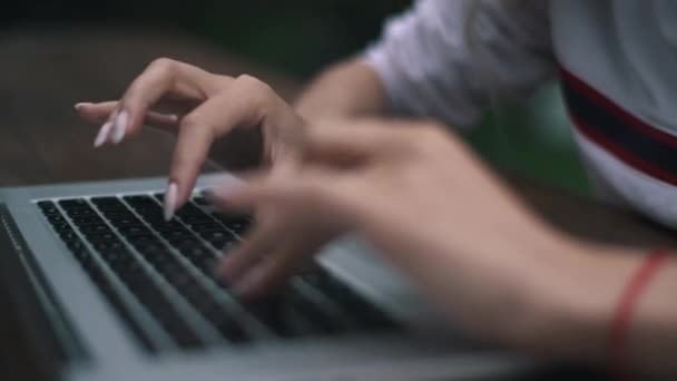 Flicka skriva text på laptop på nära håll — Stockvideo