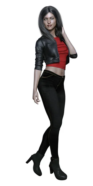 Render Strong Contemporary Indian Woman Black Leather Red Shirt Playing — 图库照片