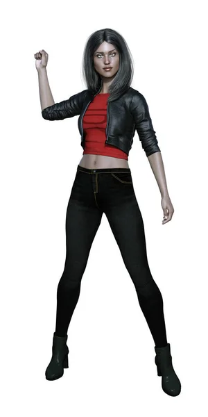 Render Strong Contemporary Indian Woman Black Leather Red Shirt Standing — 图库照片