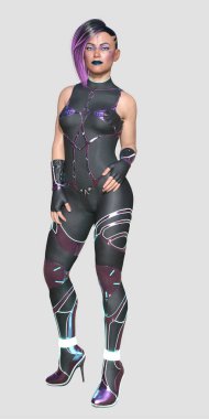 3 boyutlu, kısa pembe saçlı, fütüristik deri takım elbiseli, arka planda izole bir şekilde duran ateşli siber punk kadın.