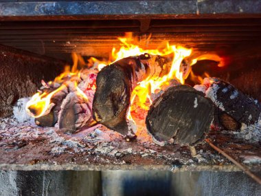 Burning logs creating flames and glowing embers in fireplace