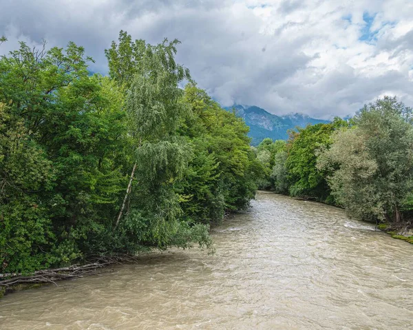 River flowing through lush green trees under cloudy sky