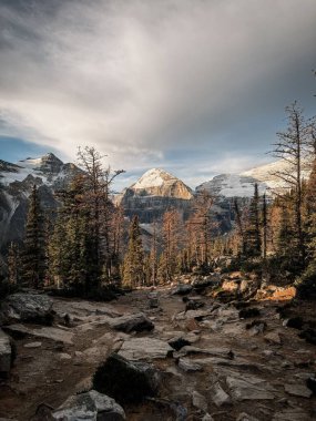 Kayalık dağ manzarası bulutlu gökyüzünün altında uzun ağaçlar ve karlı tepeler sergiliyor.