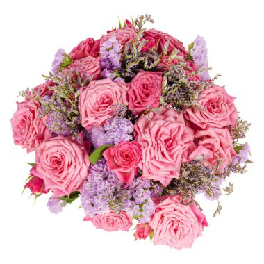 Üzerinde Pembe Güller ve Mor Dolgu Çiçekleri olan Buket Görünümü