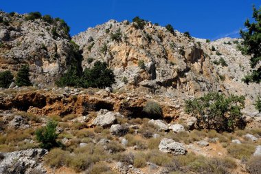 Berrak mavi gökyüzü altında seyrek bitki örtüsüyle kayalık dağlar.