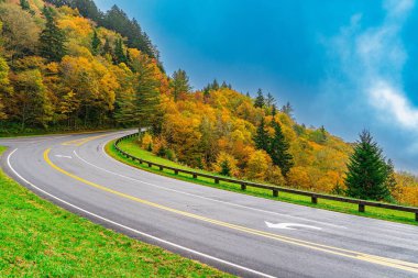 Kıvrımlı yol, bulutlu mavi gökyüzünün altında canlı sonbahar yapraklarıyla çevrili.