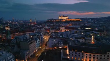 Aerial Night View of Bratislava Cityscape with Castle