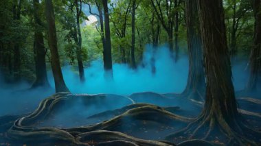 Orman manzarasında karanlık bir sis 