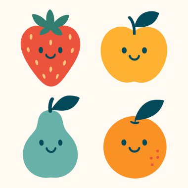 Dört renkli karikatür meyvesi, gülen yüzler, şebeke şeklinde dizilmiş.