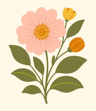 Yeşil yapraklı ve sarı tomurcuklu büyük pembe çiçeğin renkli bir çizimi