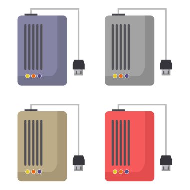 Beyaz arkaplanda elektrik prizleri olan dört renkli elektronik aygıt