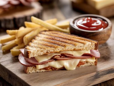 Jambonlu ızgara sandviç ve patates kızartması.