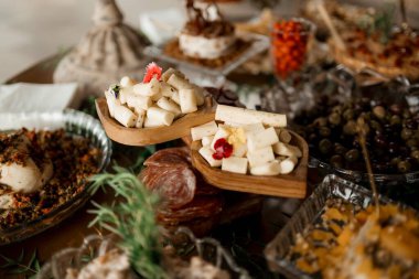 Variety of cheeses and meats on wooden platter