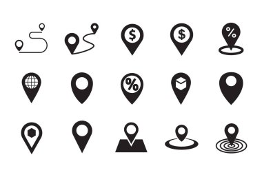 Siyah ve beyaz konum simgeleri kümesi harita iğneleri, işaretler ve navigasyon tasarımı için katlanmış haritaları içerir.
