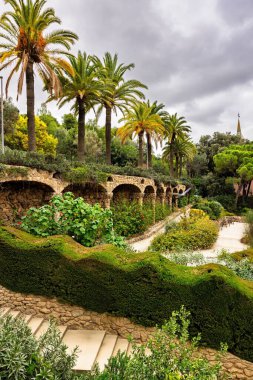 Birkaç uzun palmiye ağacı, bulutlu gökyüzünün altındaki yemyeşil Akdeniz bahçe yoluna bakan kemerli destekli taş terası..