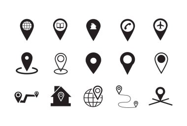 Siyah ve beyaz konum simgeleri kümesi harita iğneleri, işaretler ve navigasyon tasarımı için katlanmış haritaları içerir.