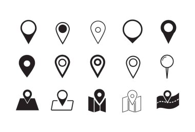 Siyah ve beyaz konum simgeleri kümesi harita iğneleri, işaretler ve navigasyon tasarımı için katlanmış haritaları içerir.