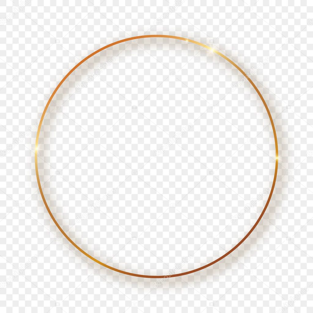 Gold glowing circle frame with shadow isolated on transparent background. Shiny frame with glowing effects. Vector illustration.