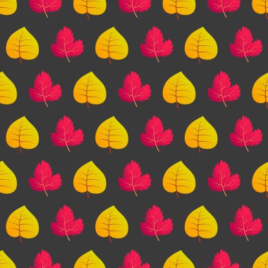 Renkli yaprakları olan dikişsiz bir sonbahar. Sonbahar dönemi posterleri, ambalaj kağıtları ve tatil süslemeleri için tasarım. Vektör illüstrasyonu