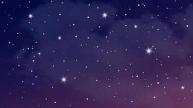 Bulutlu ve yıldızlı gece gökyüzü. Evrenin derinliklerindeki yıldız tozuyla soyut doğa arka planı. Vektör illüstrasyonu.