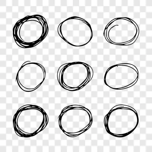 手描きのスクリブルサークル 透明な背景に9つの黒いドアの円形のデザイン要素のセット ベクターイラスト — ストックベクタ