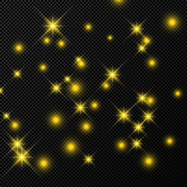 Guld Bakgrund Med Stjärnor Och Damm Gnistrar Isolerad Mörk Transparent — Stock vektor