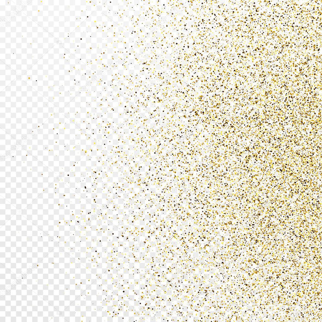 Gold glitter confetti backdrop isolated on white transparent background. Celebratory texture with shining light effect. Vector illustration.