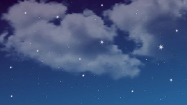 Bulutlu ve yıldızlı gece gökyüzü. Evrenin derinliklerindeki yıldız tozuyla soyut doğa arka planı. Vektör illüstrasyonu.